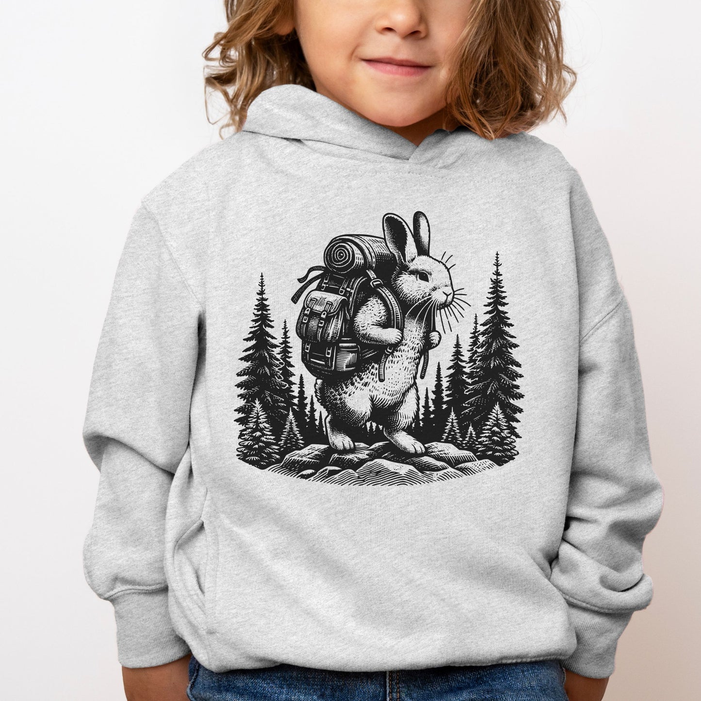 Toddler Fleece Hoodie - Hiking Bunny in Forest Design